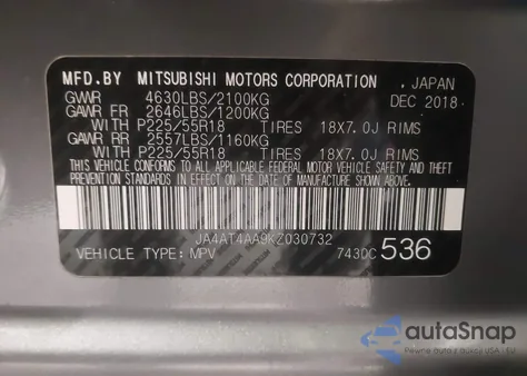 2019 Mitsubishi Eclipse Cross Sp z USA, uszkodzony, nr VIN JA4AT4AA9KZ030732